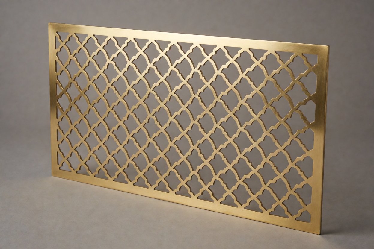 laser cutting service - A pierced brass decorative panel with thin laser cut bridges between the pattern shapes.