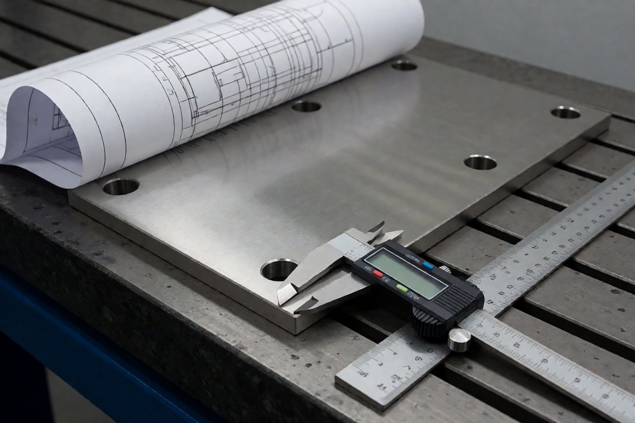 laser cutting service - First article inspection: caliper measuring the position of a laser cut hole in a panel.