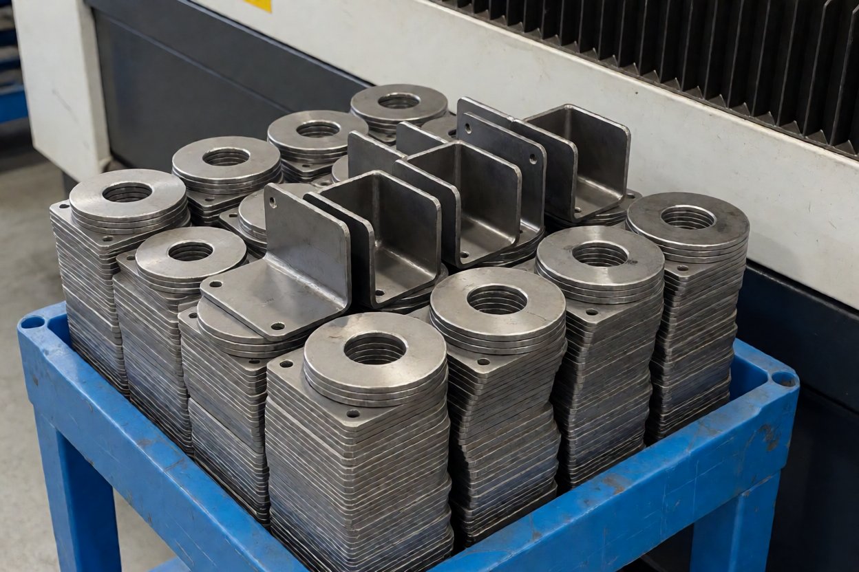laser cutting service - A production batch of laser cut brackets, gussets and spacers in a stillage after deburring.