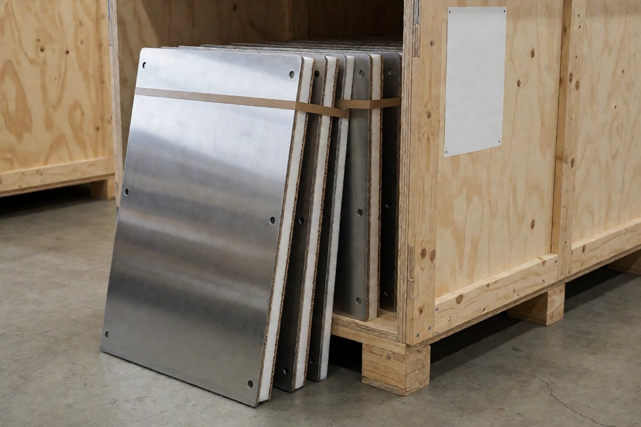 laser cutting service - Export packing: stainless panels interleaved with foam and separated inside a plywood crate.