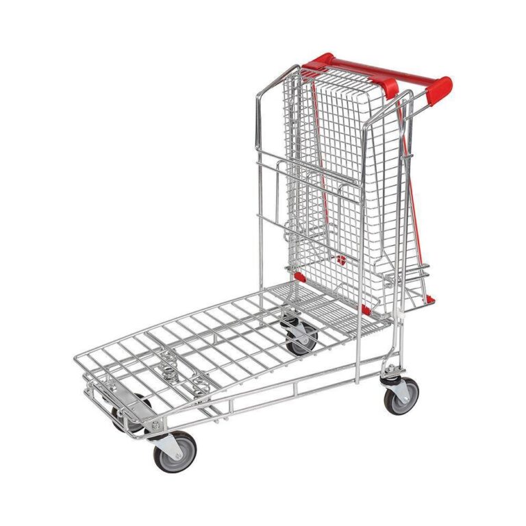 luggage cart - An airport luggage cart: chrome tube frame, upper mesh basket, red handle and four casters.