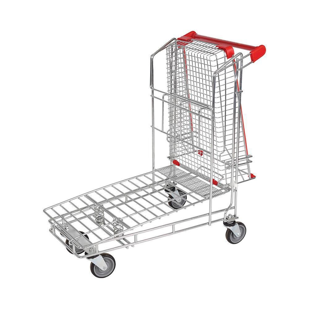 luggage cart - An airport luggage cart: chrome tube frame, upper mesh basket, red handle and four casters.