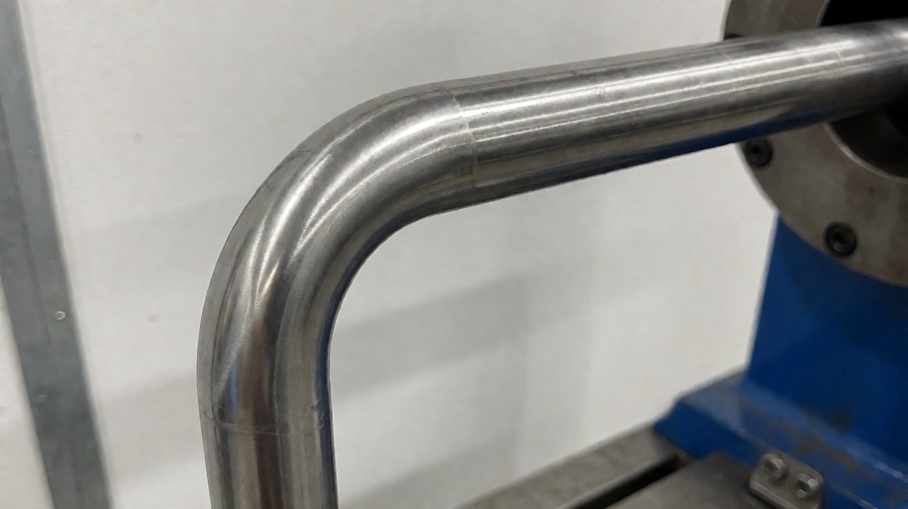 luggage cart - A steel tube bent through a large radius on a mandrel bender, the bend free of flattening.