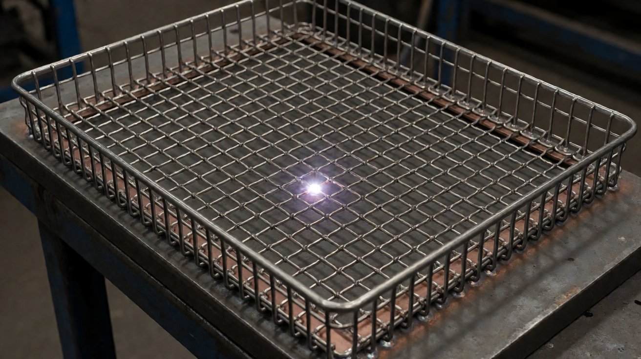 luggage cart - A mesh basket welded on a fixture, the wire grid held flat while the frame is tacked.
