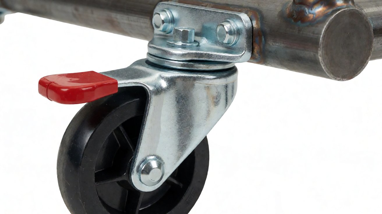 luggage cart - A swivel caster with a brake, bolted to a reinforced tube end plate.