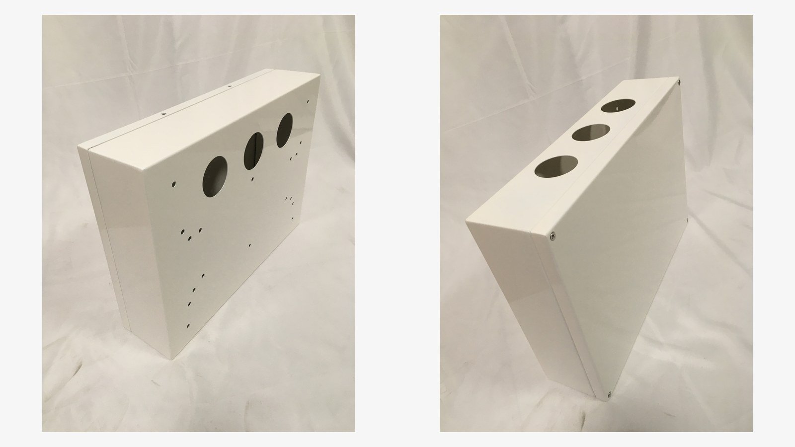 oem metal enclosures - Two OEM metal enclosures built to drawing: an open body and a matching lid with a gasket channel.