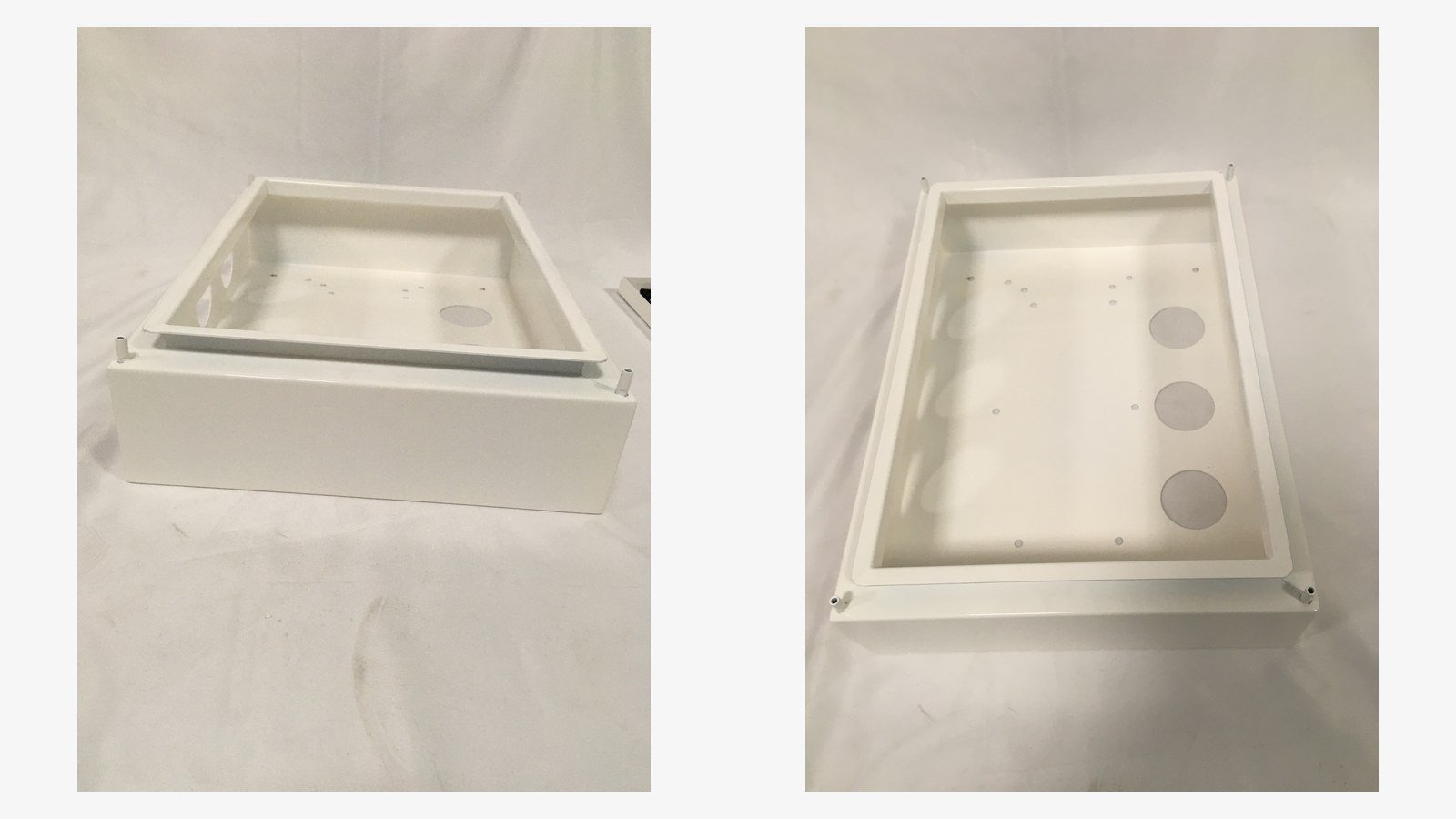 oem metal enclosures - Enclosure bodies in production: pressed-in standoffs, punched cable entries and folded edges.