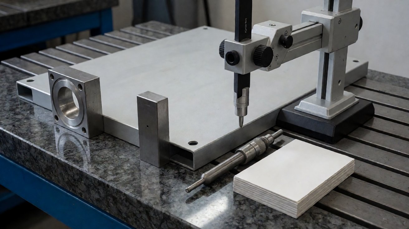 oem metal enclosures - First article inspection of a powder coated enclosure panel on a granite surface plate.
