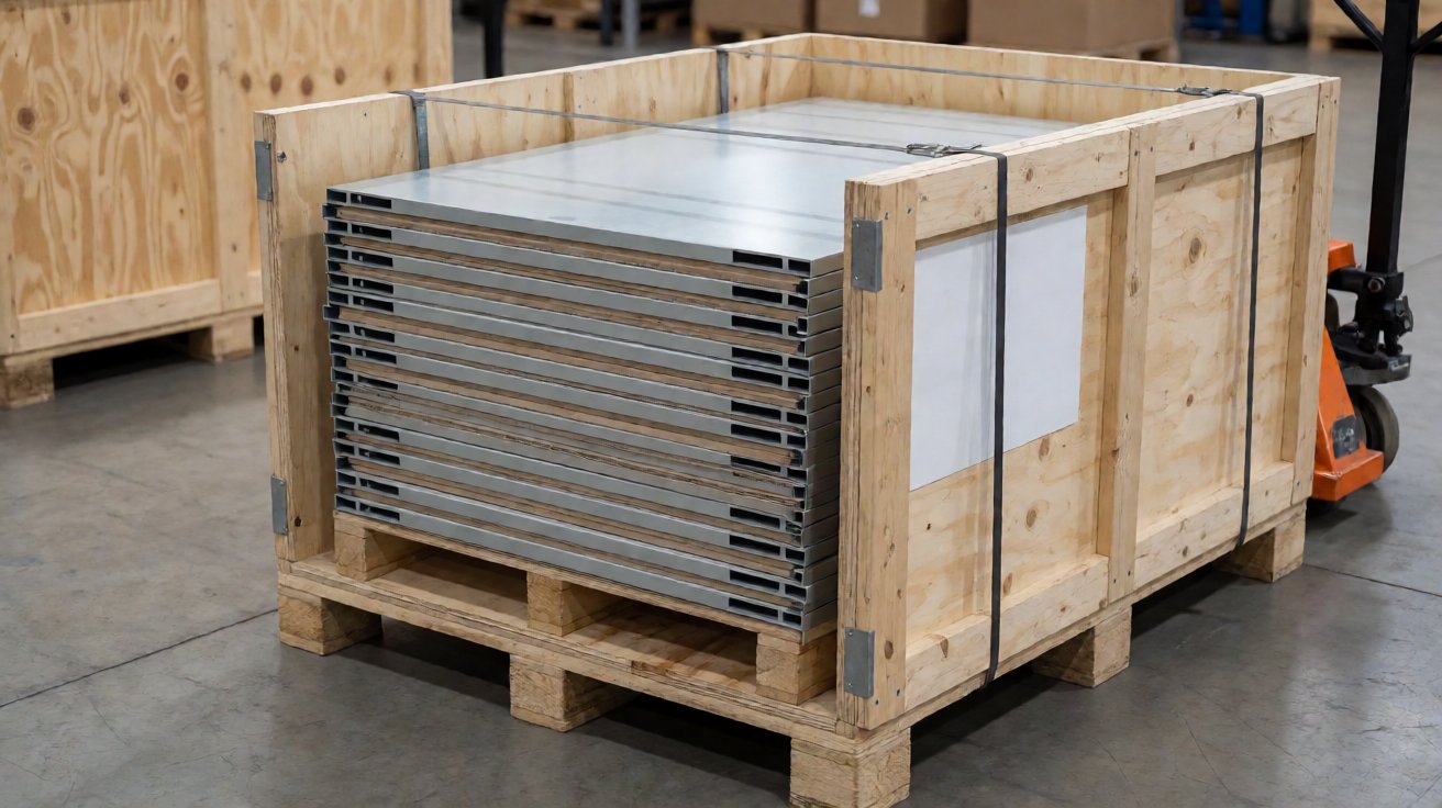 oem metal enclosures - Export crating of OEM enclosure panels interleaved with foam and banded for sea freight.