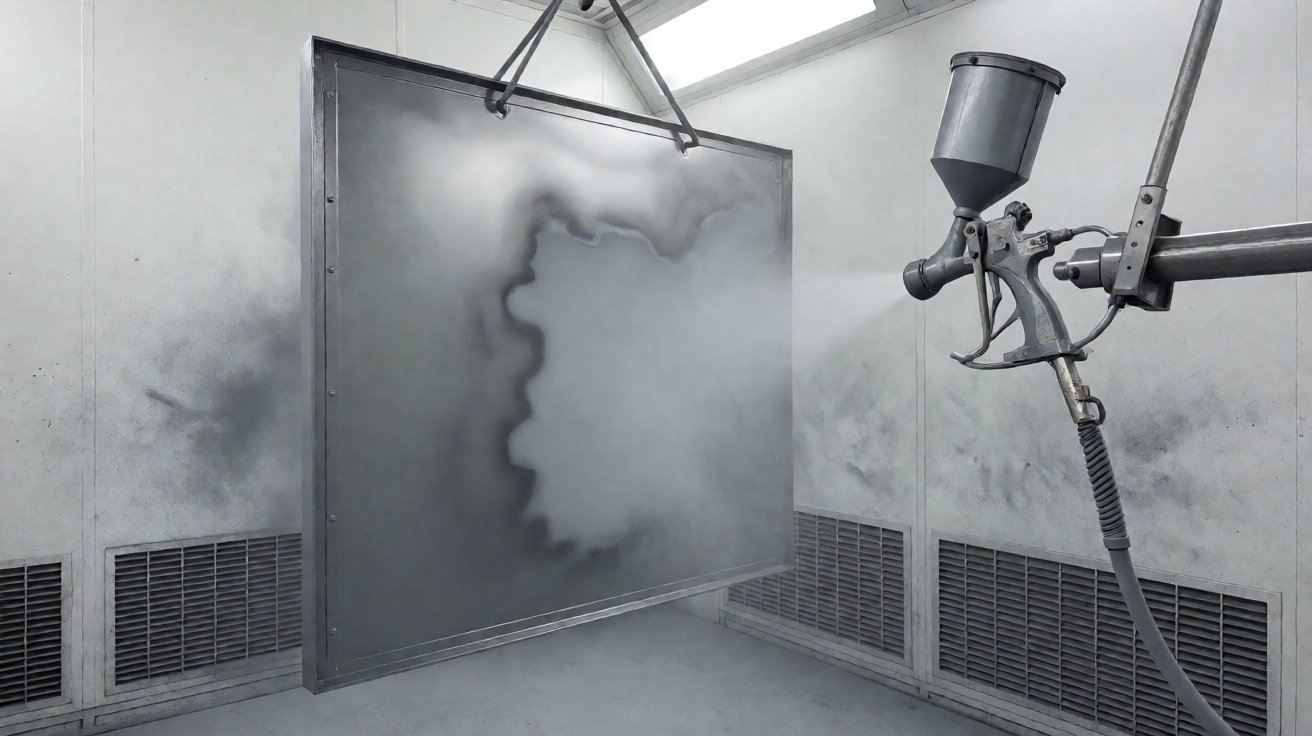 powder coating service - A powder coating service spraying a sheet metal enclosure panel inside an electrostatic booth.