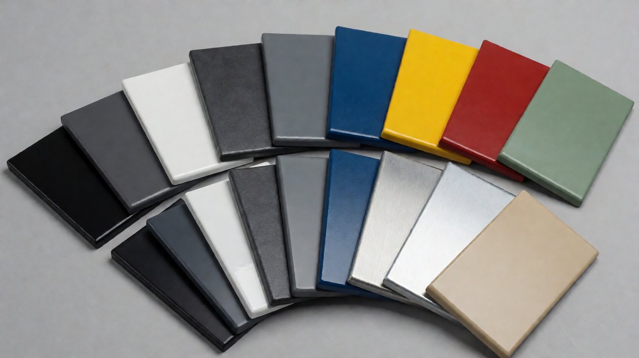 powder coating service - Powder coated colour sample coupons showing matte, satin and gloss finishes at different builds.