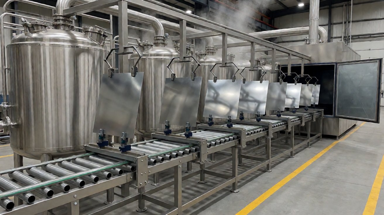 powder coating service - Powder coating service pretreatment line: process tanks and a drying oven on an overhead conveyor.