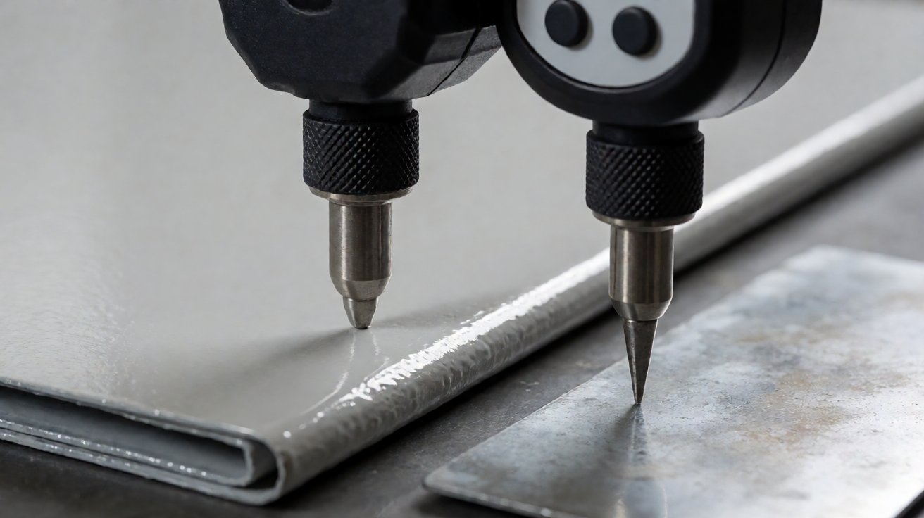 powder coating service - Film thickness measured on a powder coated panel with a magnetic coating thickness gauge.