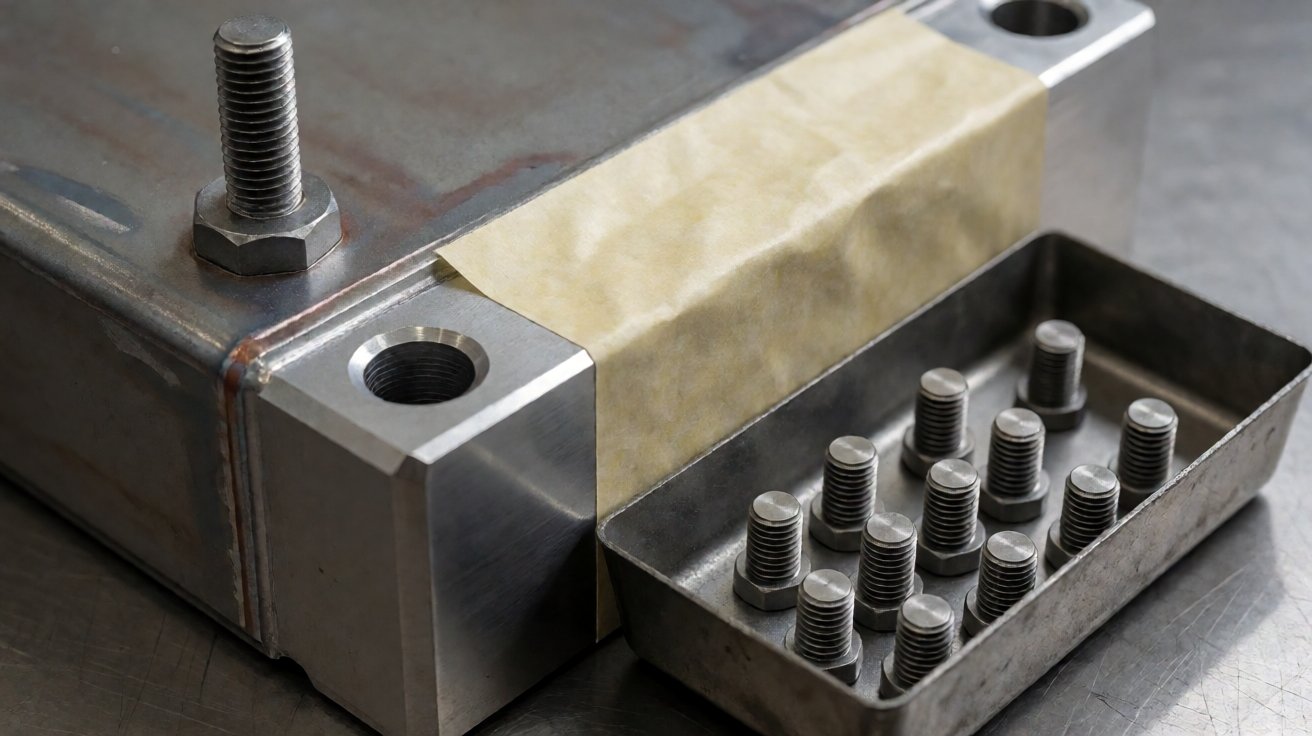 powder coating service - Masking before coating: silicone plugs in threaded holes and tape across a machined mating face.