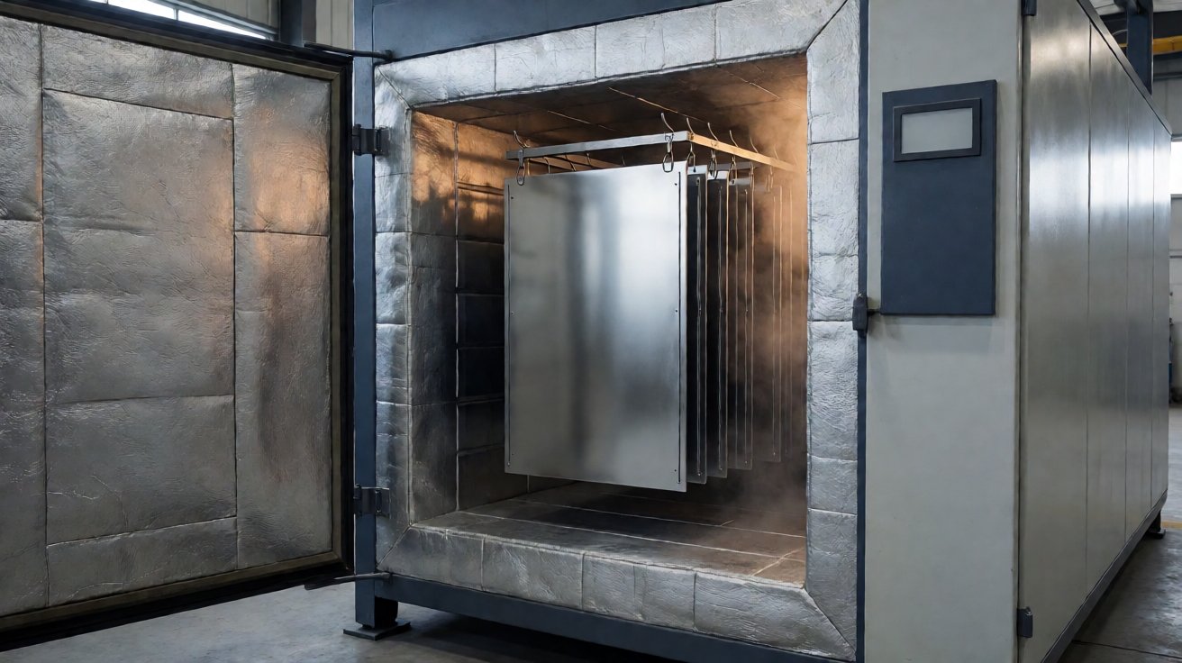 powder coating service - A batch of powder coated panels curing in an oven, the coating fully flowed out to a satin finish.