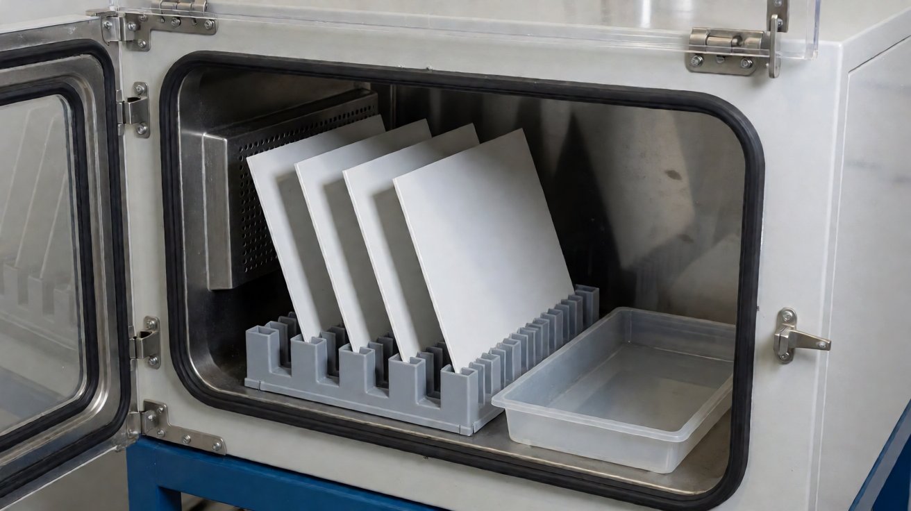 powder coating service - Salt spray corrosion testing of scribed powder coated steel panels in a test cabinet.