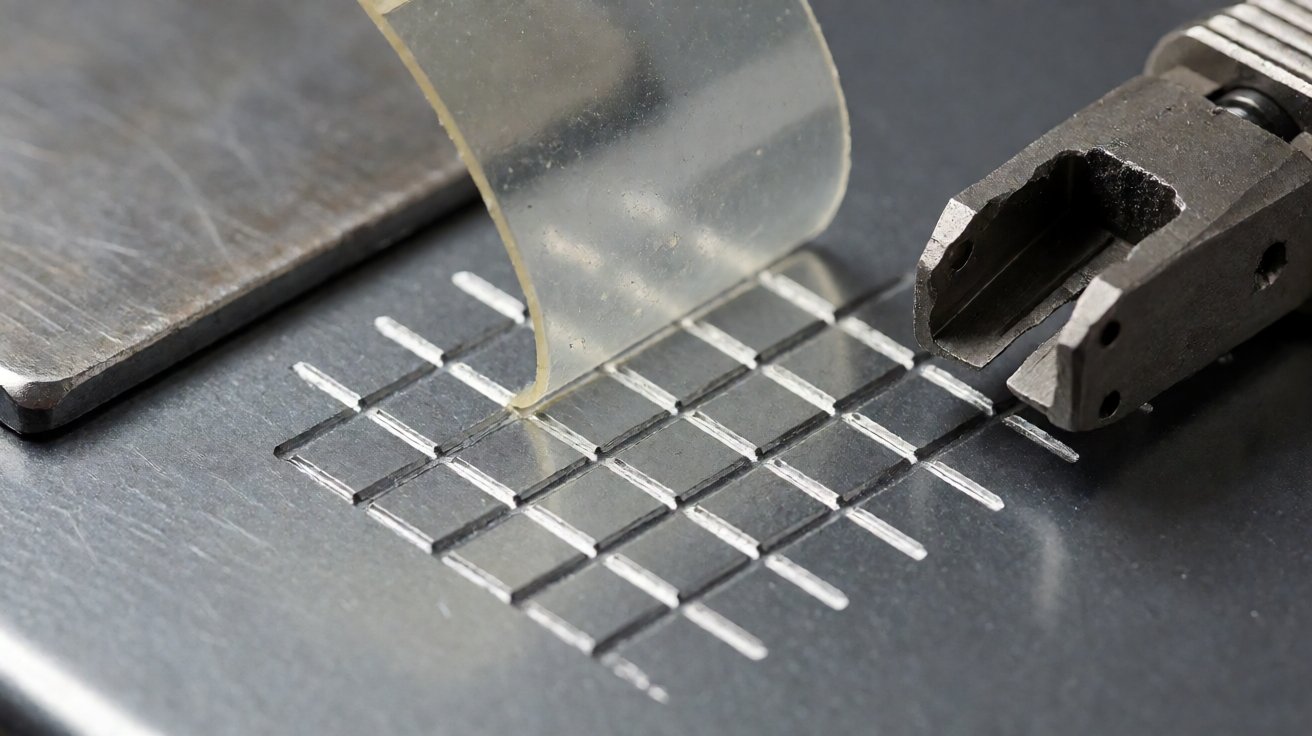 powder coating service - Cross-hatch adhesion test on a powder coated panel with adhesive tape being peeled back.