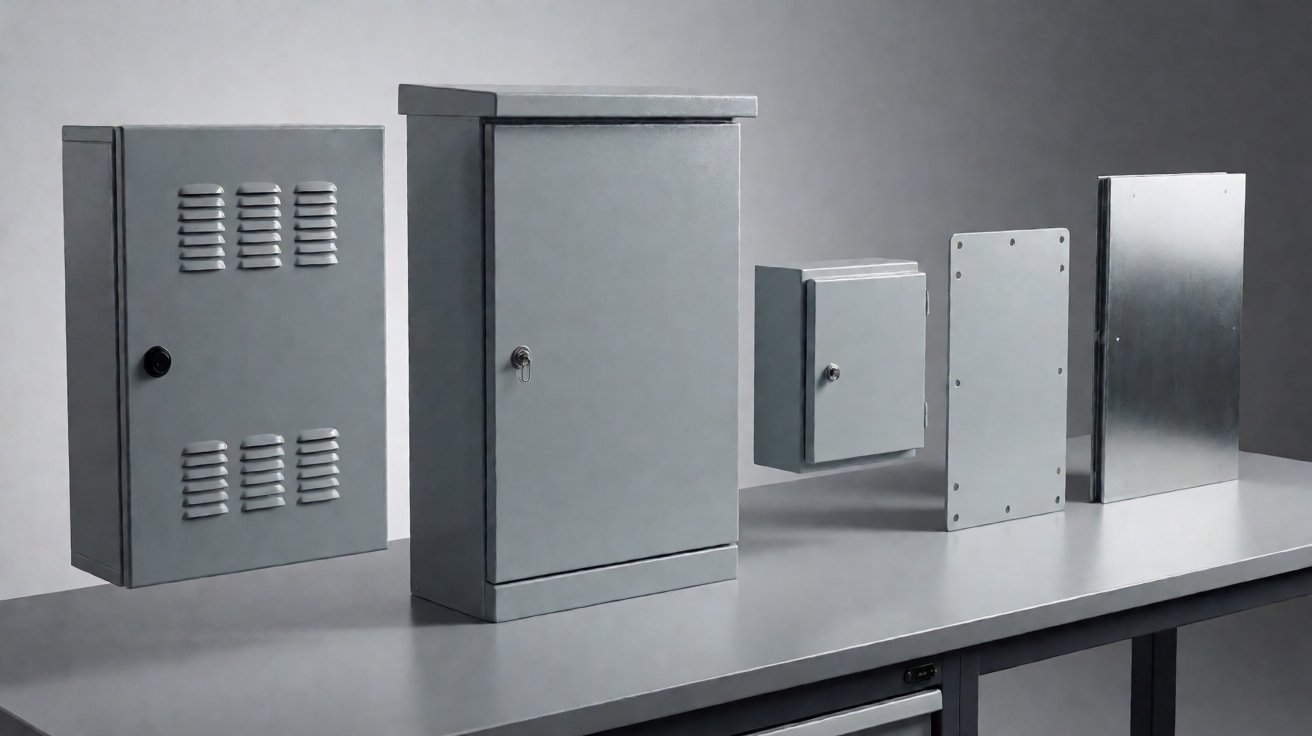 powder coating service - Finished powder coated enclosures: wall cabinet, floor cabinet, junction box and mounting plate.