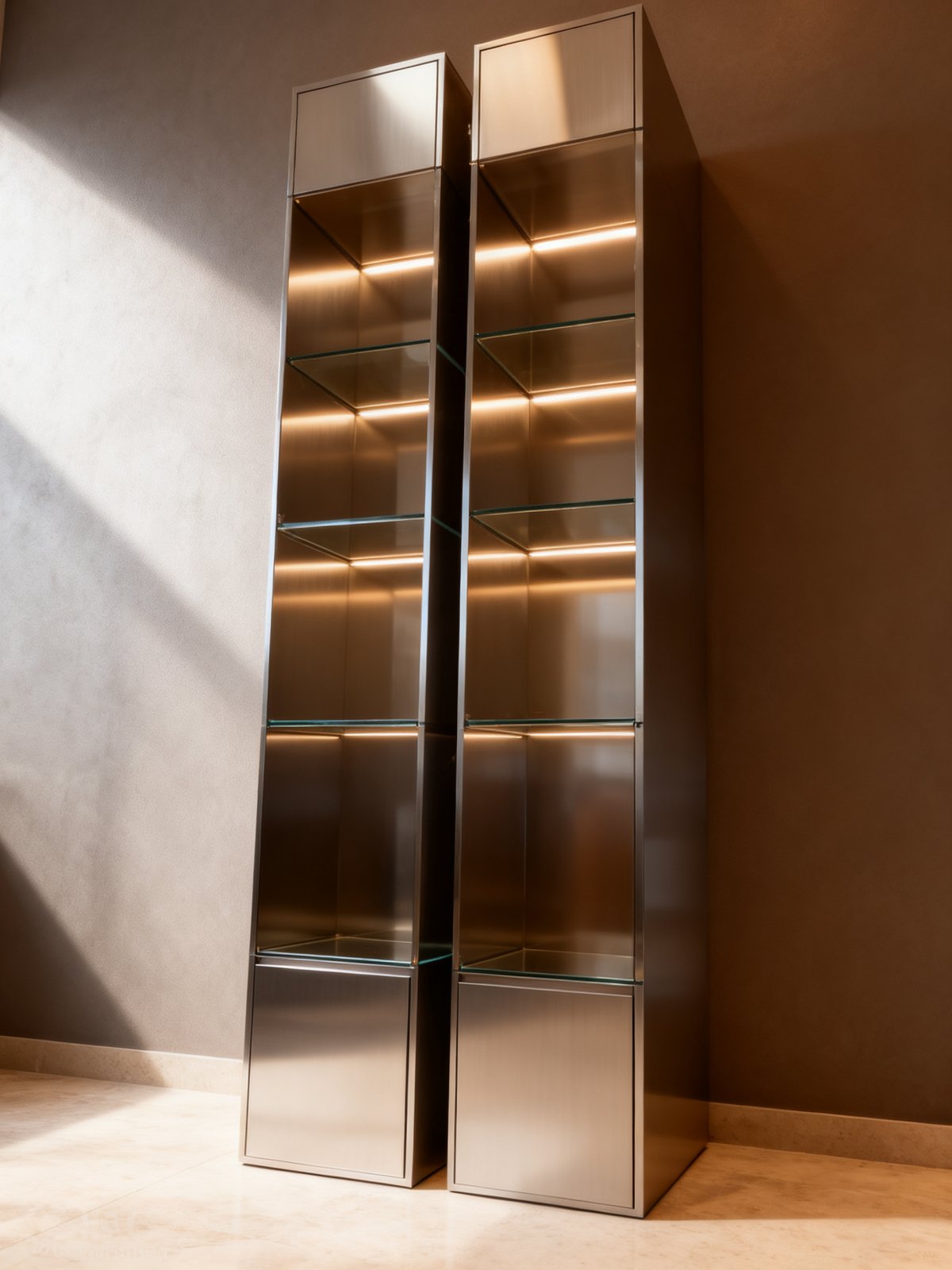 retail display cabinet - Two floor standing units: mirror-polished body, adjustable glass shelves and a formed plinth.
