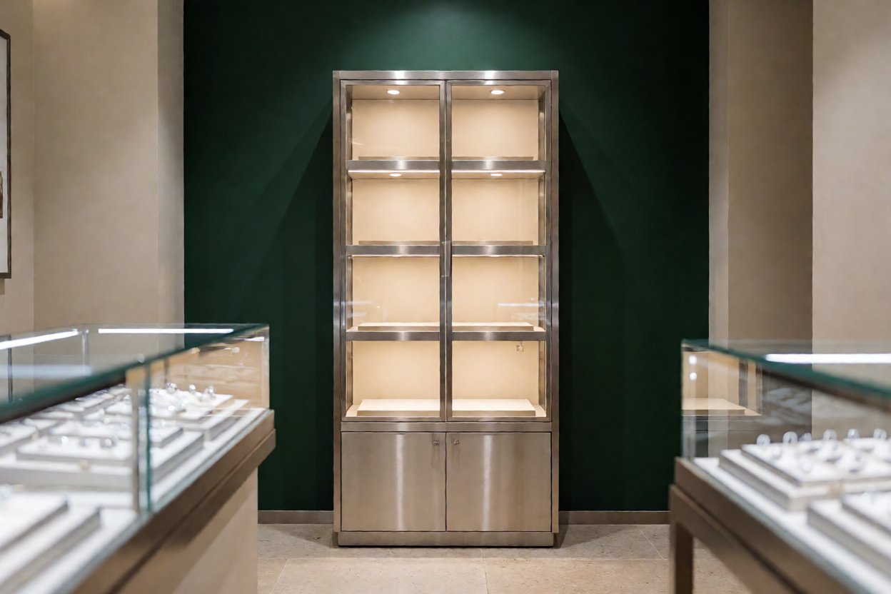 retail display cabinet - A retail display cabinet installed in a jewellery shop, with spotlights above and empty shelves ready for stock.