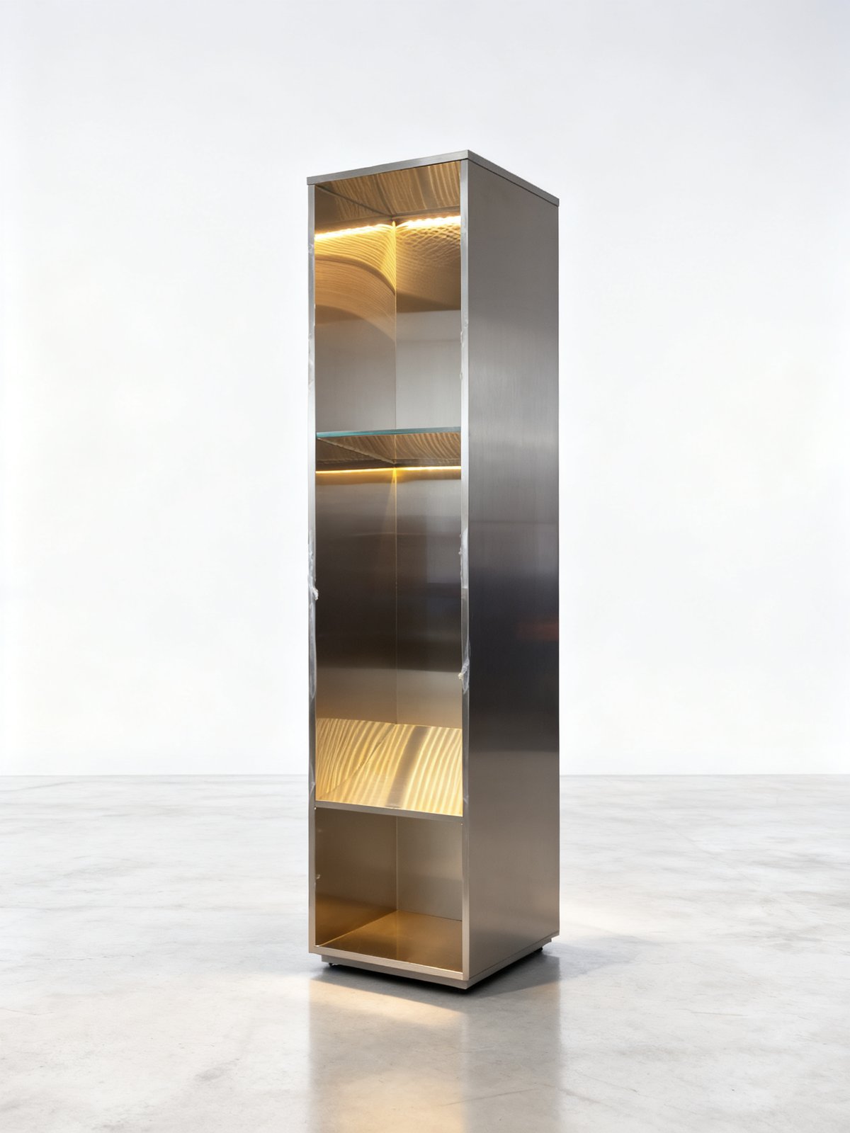 retail display cabinet - Shelf and light detail: the LED channel sits in front of the shelf edge, so the light reaches the front of the display.