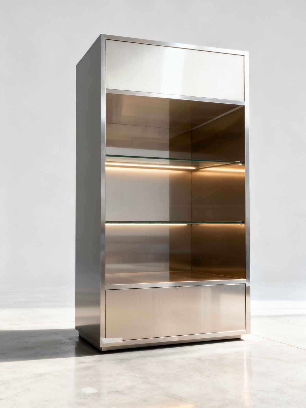retail display cabinet - Inside a retail display cabinet: shelf positions, back panel and the cable route that hides the LED wiring.