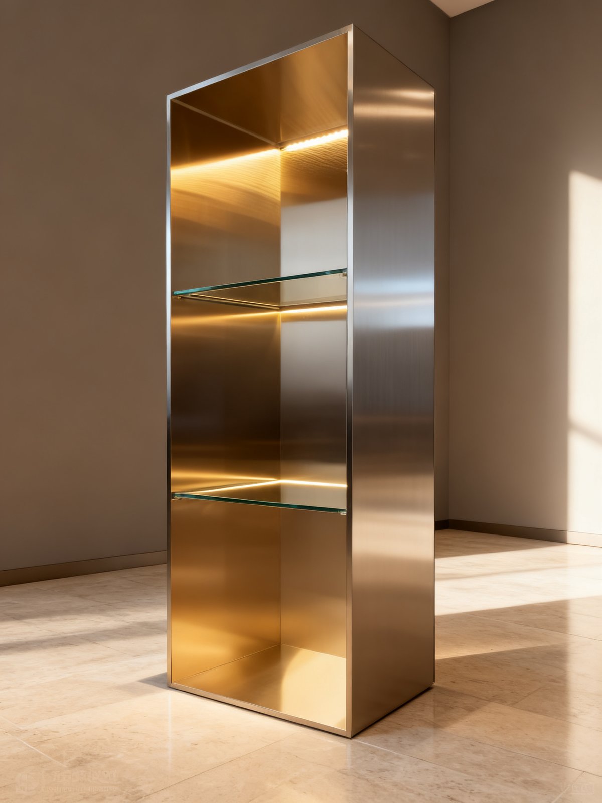 retail display cabinet - Two cabinet bays side by side, aligned so the shelves and light lines run continuously.