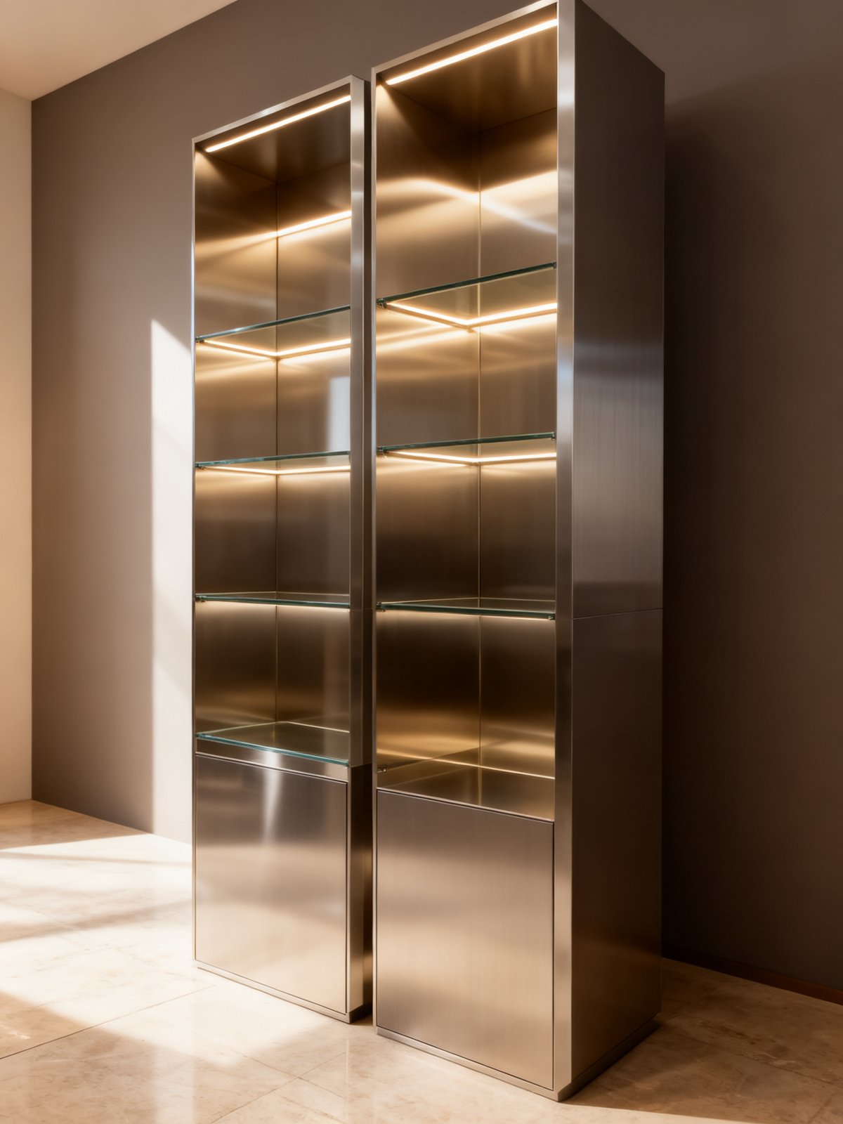 retail display cabinet - A tall unit after assembly and lighting test, checked for shelf level and light uniformity.