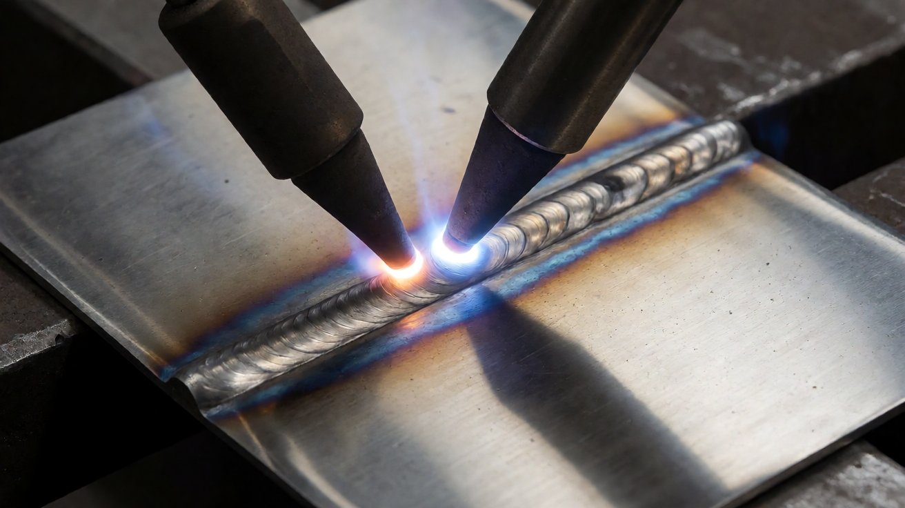 sheet metal welding - TIG welding thin stainless sheet: stable arc, molten pool and stacked-dime ripple.