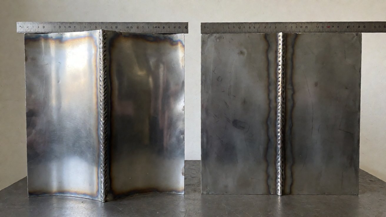 sheet metal welding - The same seam welded badly and well: a bowed, oil-canned panel beside a flat one.