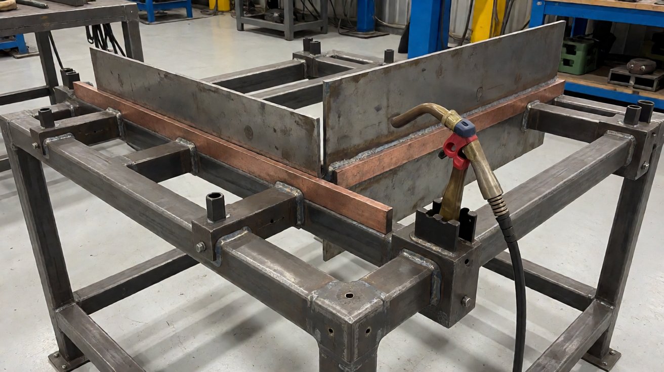sheet metal welding - A welding fixture with toggle clamps and copper backing bars holding a seam in line.