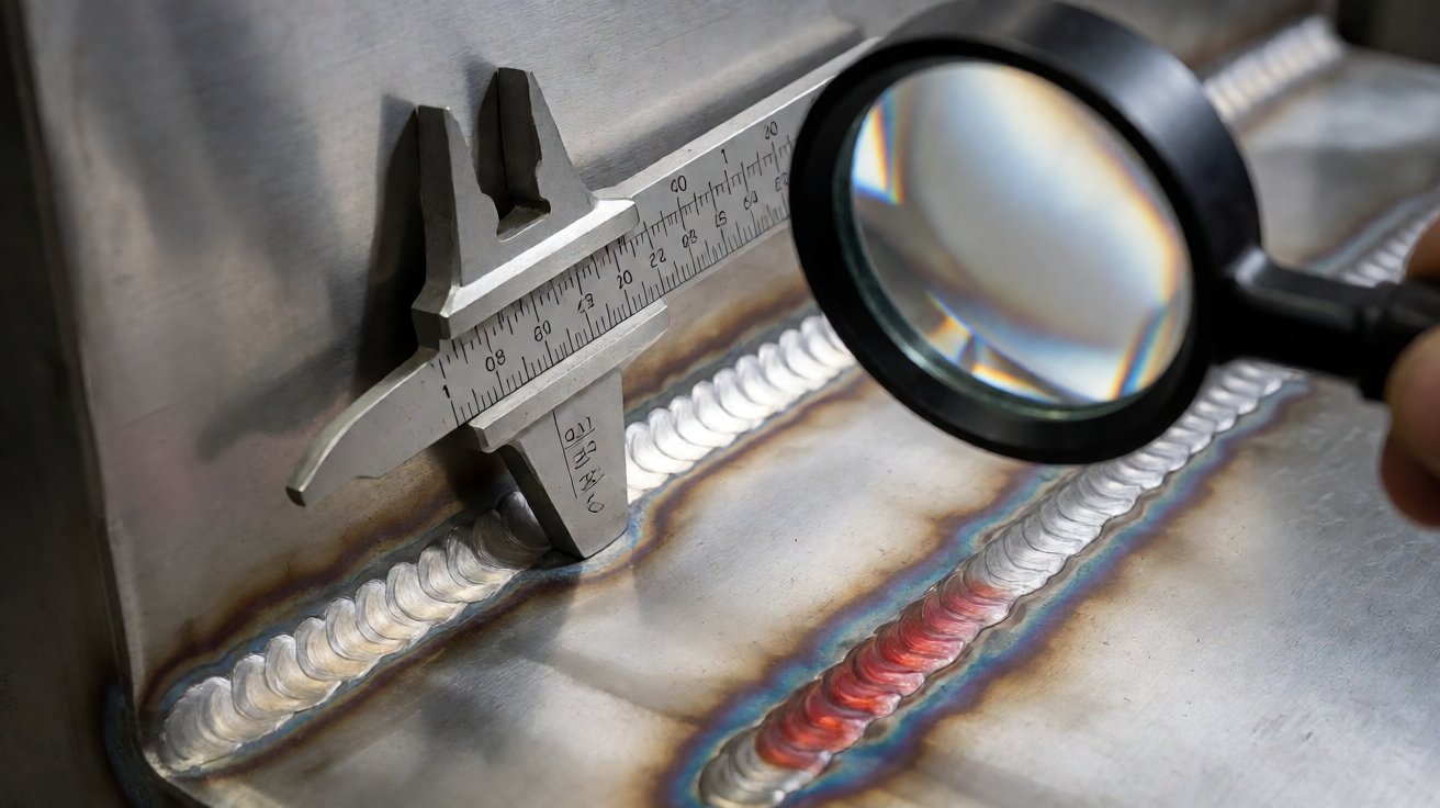 sheet metal welding - Weld inspection: fillet gauge on the bead, dye penetrant on the adjacent seam.