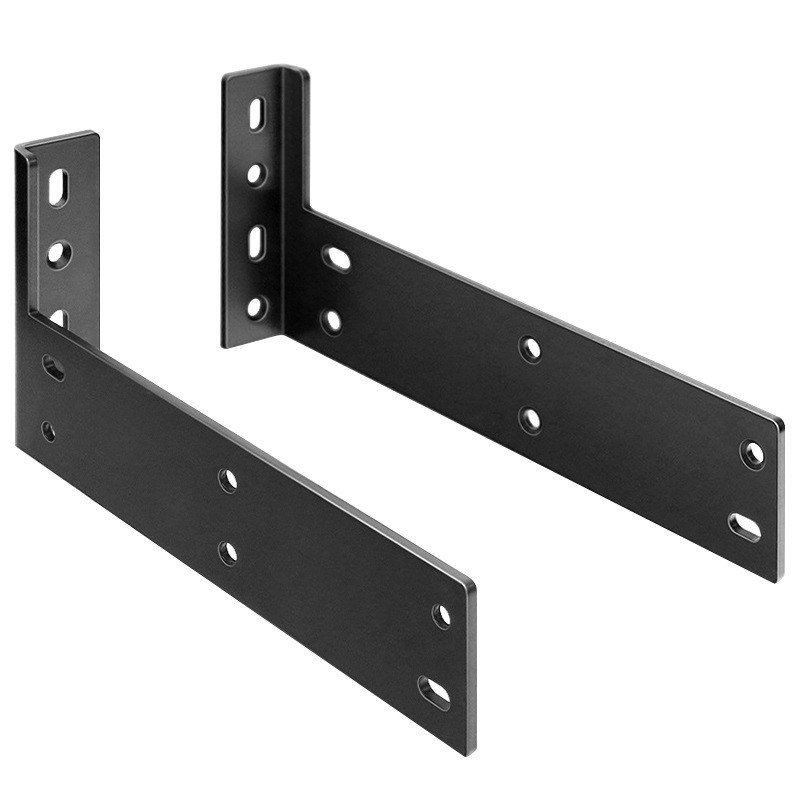 Regalhalterung - Zwei aufrecht stehende Regalhalterungen: vertikales Wandbein, horizontales Regalbein und eine Reihe von Befestigungselementen an jeder Fläche.