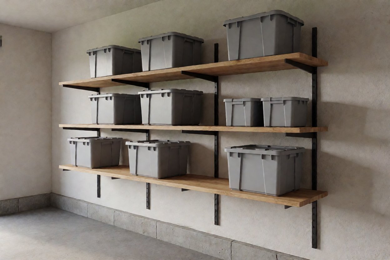 Blechhalterung – Das Produkt in Verwendung: Holzregale, die von denselben Halterungen an einer Funktionswand getragen werden, beladen mit einfachen Lagerkästen.