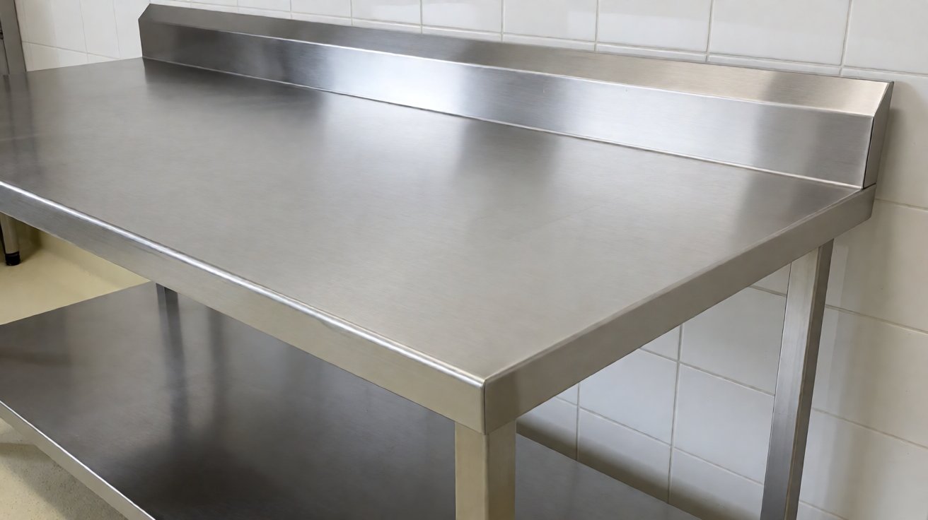 stainless steel work table - A finished stainless steel work table with an under shelf, standing in a food production area.