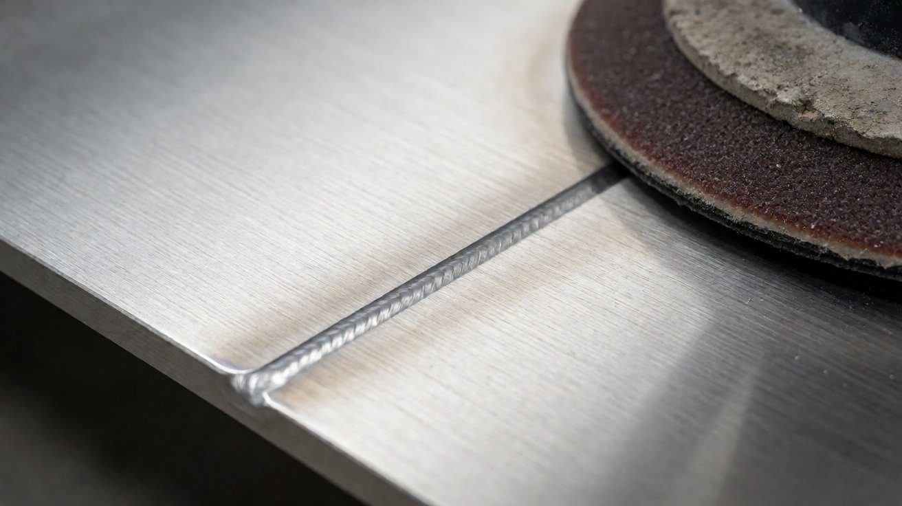 stainless steel work table - A welded corner on a table frame, ground and polished flush before the surface is brushed.