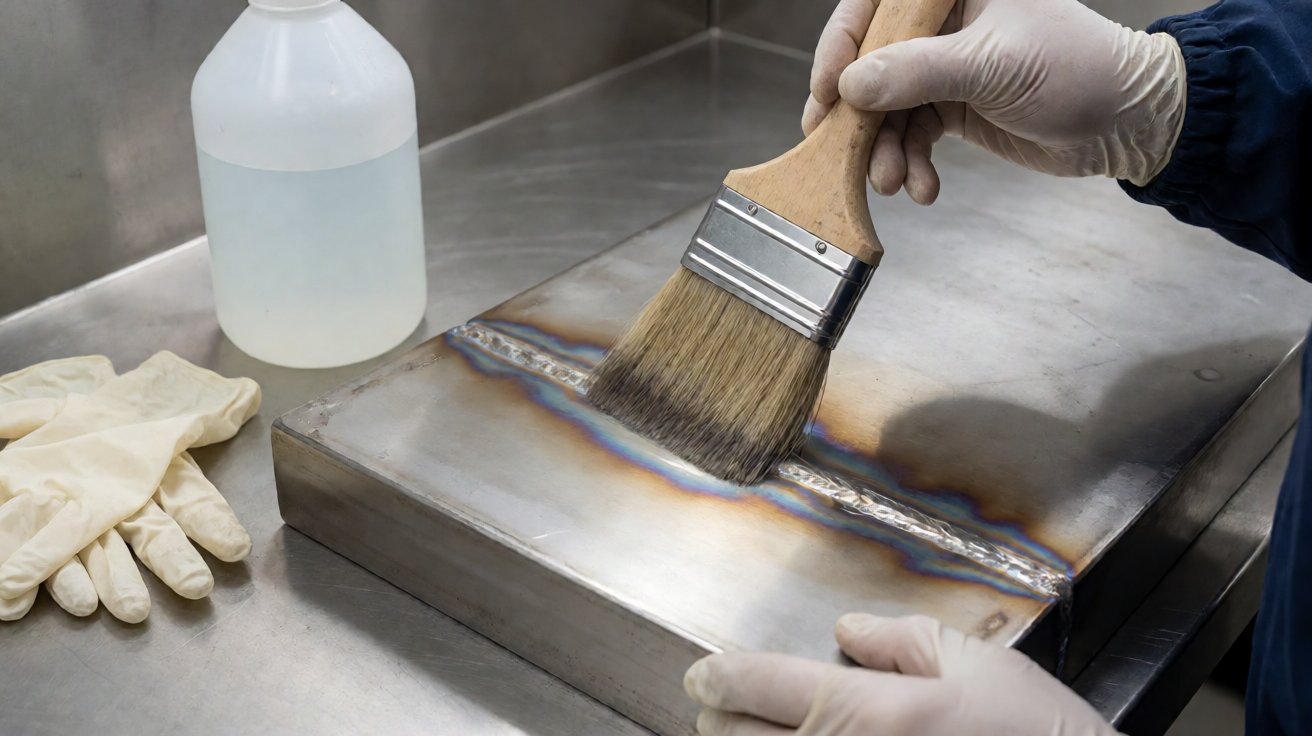 stainless steel work table - Passivation being applied to a welded area, restoring the oxide layer after heat tint removal.