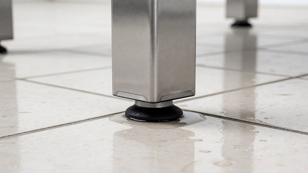 stainless steel work table - An adjustable leg with a hygienic foot, raised off the floor so washdown water can pass.