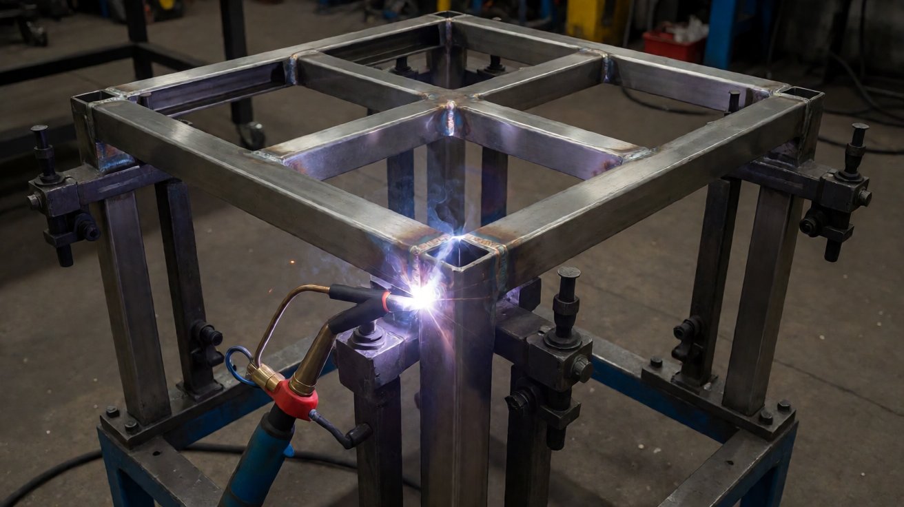 stainless steel work table - The welded underframe of a work table on a jig, held square before the top is fitted.