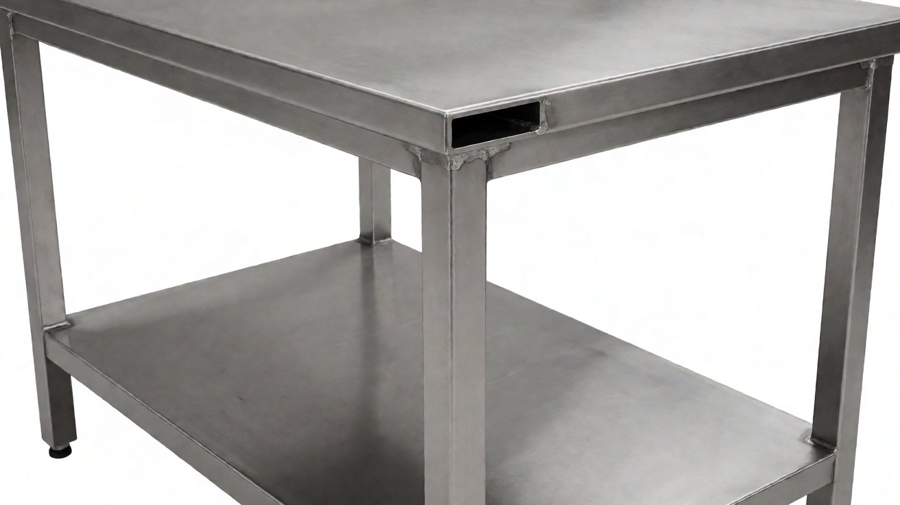 stainless steel work table - An under shelf welded in place, set back so the floor and legs stay accessible for cleaning.