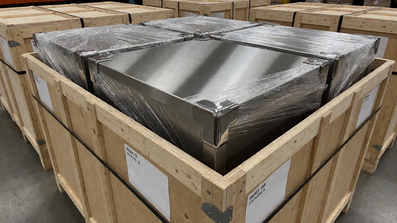 stainless steel work table - Finished tables crated for export, each wrapped and protected against transit damage.